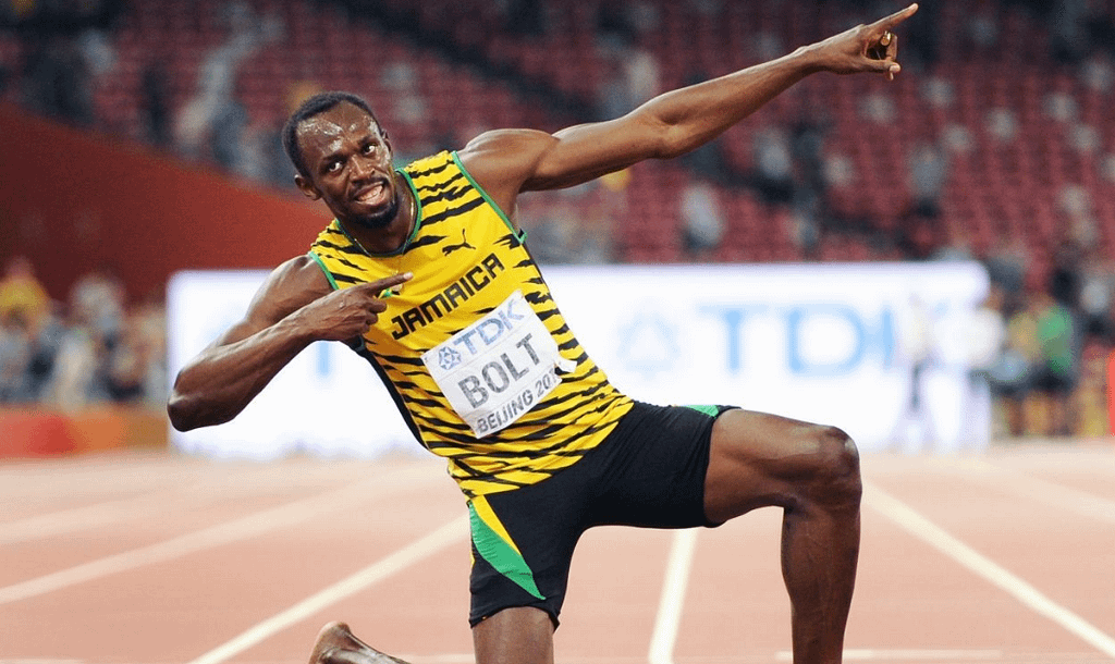 Jamaican sprinter Usain Bolt poses after his victory at the 2016 Rio Olympics