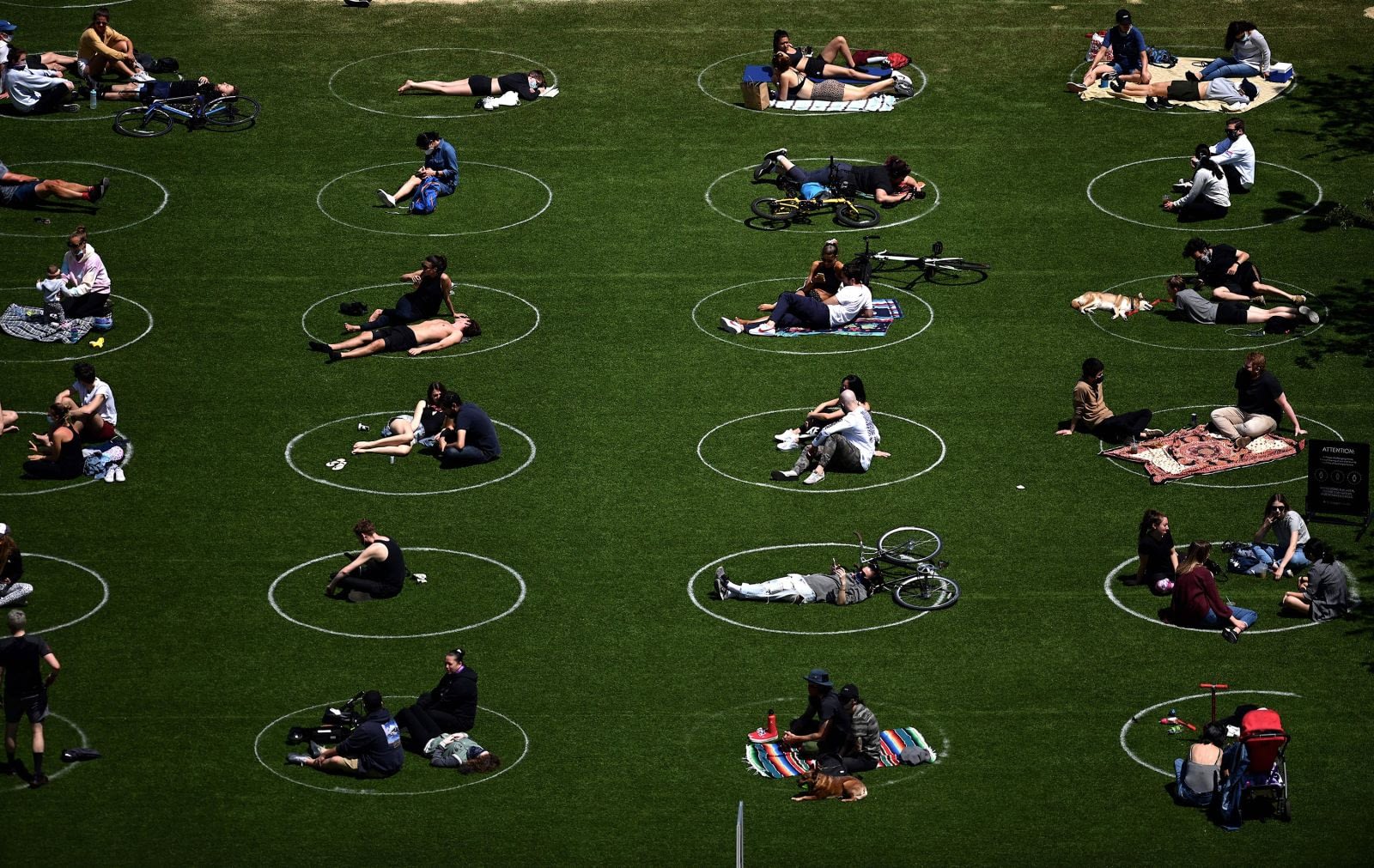 May 17, Domino Park, New York: People practice social distancing in circles drawn on the grass.