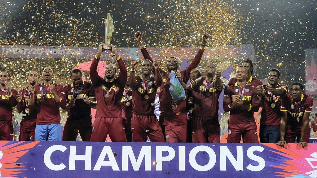 The triumphant West Indian Cricket team after winning the tournament in 2016