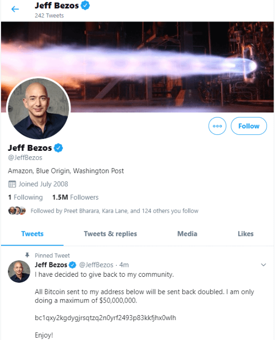 Jeff Bezos hacked twitter account
displaying the tweet